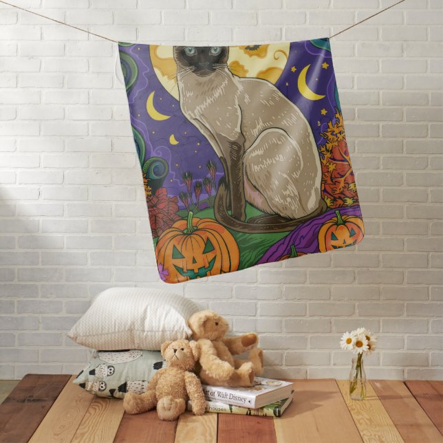 Spooky Siamese Cat Halloween Witch And Pumpkin Baby Blanket (In Situ)
