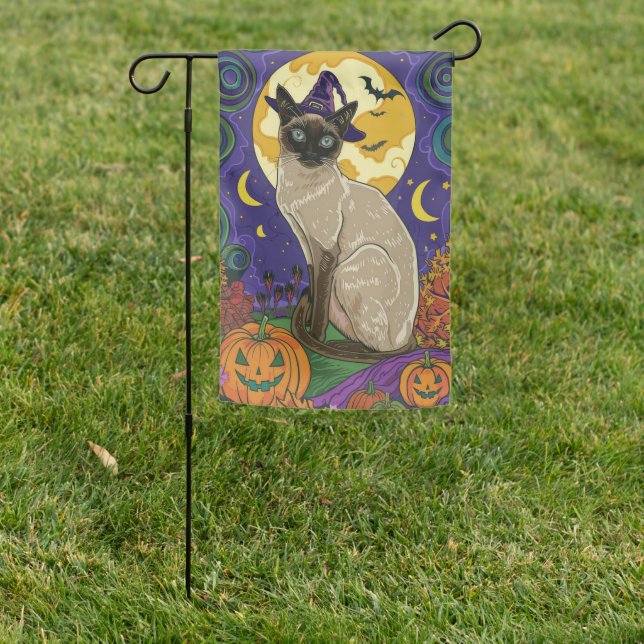 Spooky Siamese Cat Halloween Witch And Pumpkin Garden Flag (In SItu)
