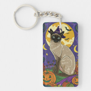 Spooky Siamese Cat Halloween Witch And Pumpkin Keychain