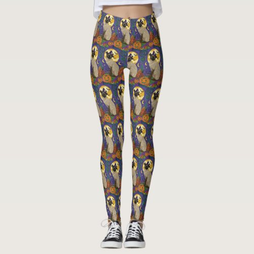 Spooky Siamese Cat Halloween Witch And Pumpkin Leggings