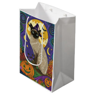 Spooky Siamese Cat Halloween Witch And Pumpkin Medium Gift Bag