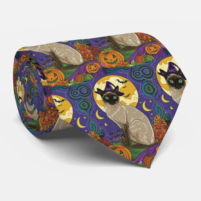 Spooky Siamese Cat Halloween Witch And Pumpkin Neck Tie (Rolled)