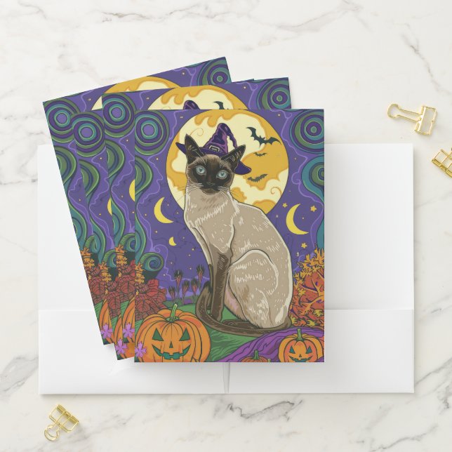 Spooky Siamese Cat Halloween Witch And Pumpkin Pocket Folder (In Situ)