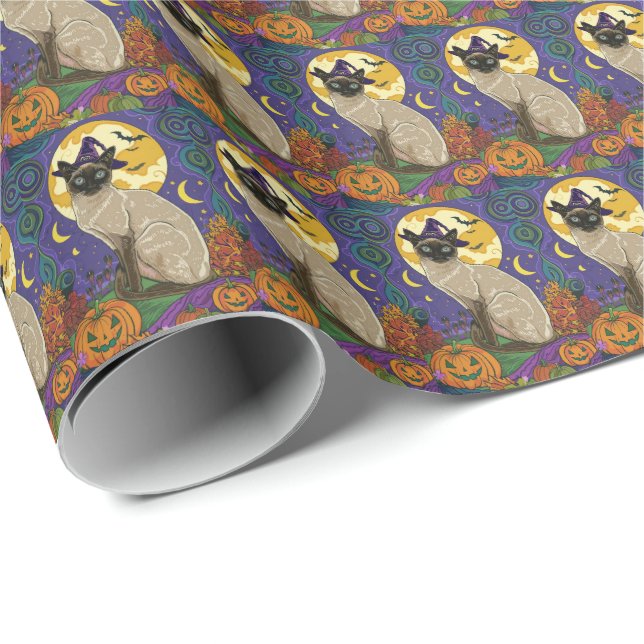 Spooky Siamese Cat Halloween Witch And Pumpkin Wrapping Paper (Roll Corner)