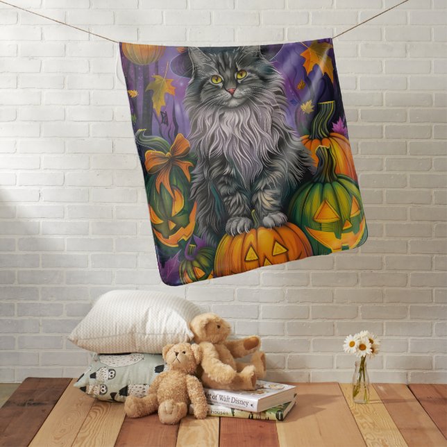 Spooky Siberian Cat Halloween Witch And Pumpkin Baby Blanket (In Situ)