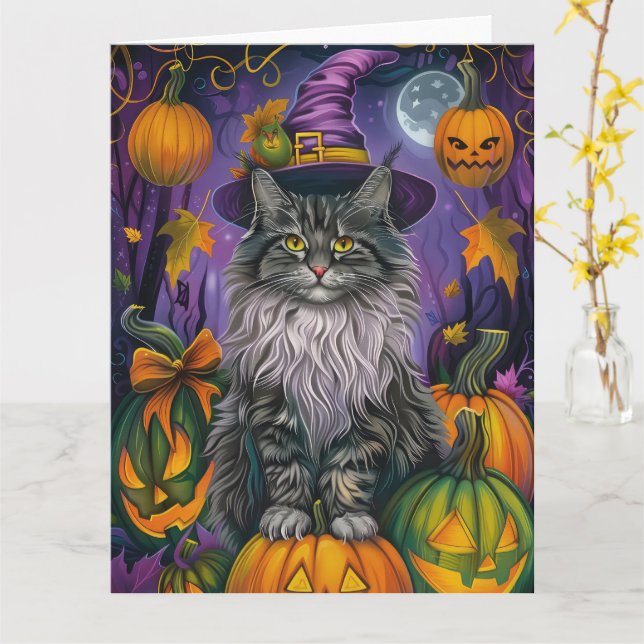 Spooky Siberian Cat Halloween Witch And Pumpkin Card (Yellow Flower)