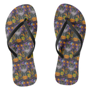 Spooky Siberian Cat Halloween Witch And Pumpkin Flip Flops