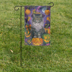 Spooky Siberian Cat Halloween Witch And Pumpkin Garden Flag