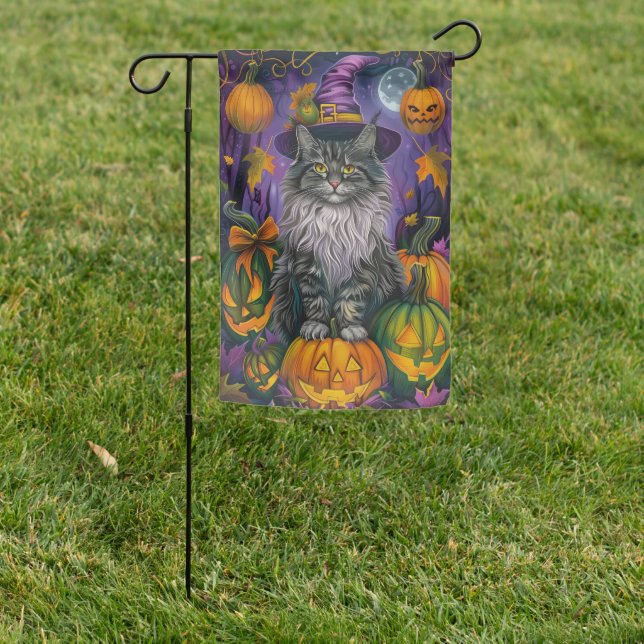 Spooky Siberian Cat Halloween Witch And Pumpkin Garden Flag (In SItu)