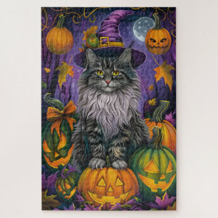 Spooky Siberian Cat Halloween Witch And Pumpkin Jigsaw Puzzle