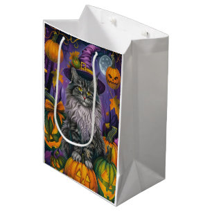 Spooky Siberian Cat Halloween Witch And Pumpkin Medium Gift Bag