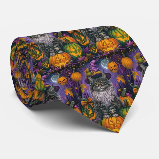 Spooky Siberian Cat Halloween Witch And Pumpkin Neck Tie (Rolled)