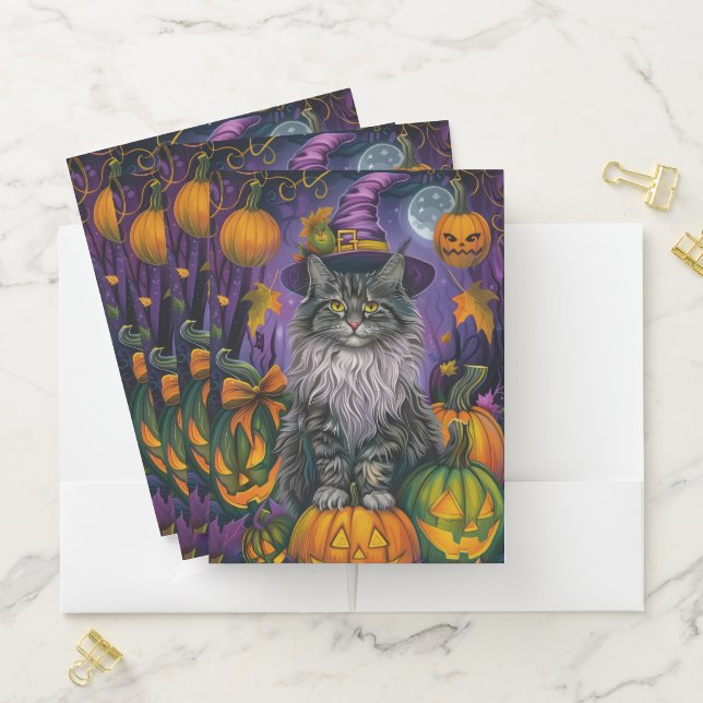 Spooky Siberian Cat Halloween Witch And Pumpkin Pocket Folder (In Situ)