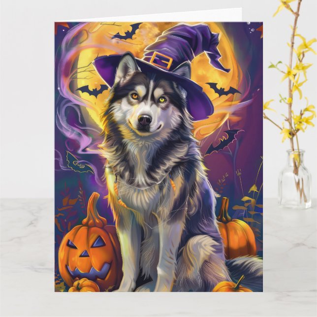 Spooky Siberian Husky Dog Halloween Witch Pumpkin  Card (Yellow Flower)