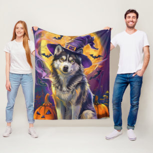 Spooky Siberian Husky Dog Halloween Witch Pumpkin Fleece Blanket