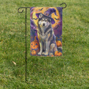 Spooky Siberian Husky Dog Halloween Witch Pumpkin  Garden Flag