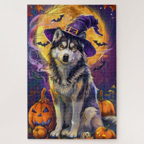 Spooky Siberian Husky Dog Halloween Witch Pumpkin  Jigsaw Puzzle