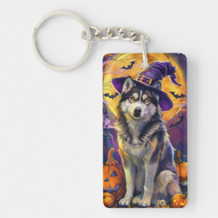 Spooky Siberian Husky Dog Halloween Witch Pumpkin Keychain