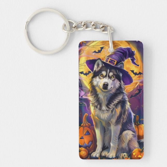 Spooky Siberian Husky Dog Halloween Witch Pumpkin  Keychain (Front)