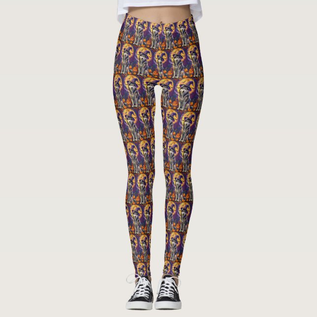 Spooky Siberian Husky Dog Halloween Witch Pumpkin  Leggings (Front)