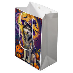 Spooky Siberian Husky Dog Halloween Witch Pumpkin  Medium Gift Bag
