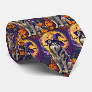 Spooky Siberian Husky Dog Halloween Witch Pumpkin Neck Tie