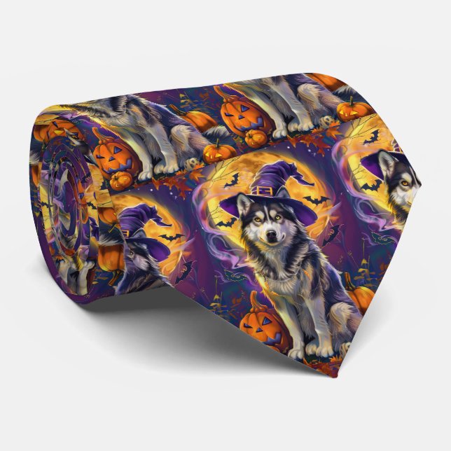 Spooky Siberian Husky Dog Halloween Witch Pumpkin  Neck Tie (Rolled)