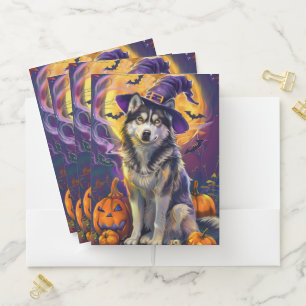Spooky Siberian Husky Dog Halloween Witch Pumpkin  Pocket Folder