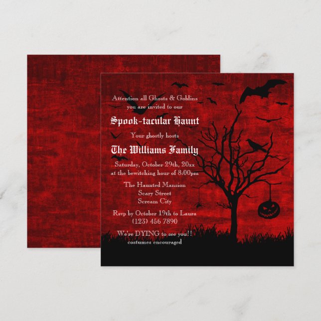 Spooky Silhouettes Grungy Red Halloween Invitation (Front/Back)