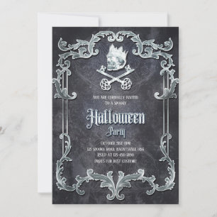 Spooky Silver Vintage Halloween Party Gothic Skull Invitation