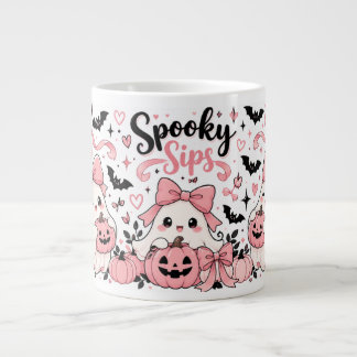 Spooky Sips Pink Coquette Halloween Ghosts Bows an Giant Coffee Mug