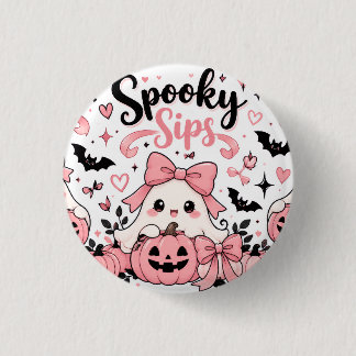 Spooky Sips Pink Coquette Halloween Ghosts Bows Button