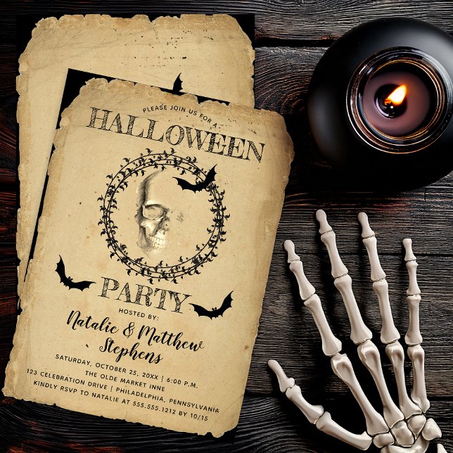 Spooky Skeleton and Bats Wreath Halloween Party  Invitation (Spooky Skeleton and Bats Wreath Halloween Party Invitation - Print | Digital Download)