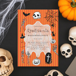 Spooky Skeleton Black Cat Bat Halloween Party Invitation