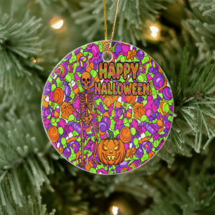 Spooky Skeleton Candy Party Pattern Halloween Ceramic Ornament