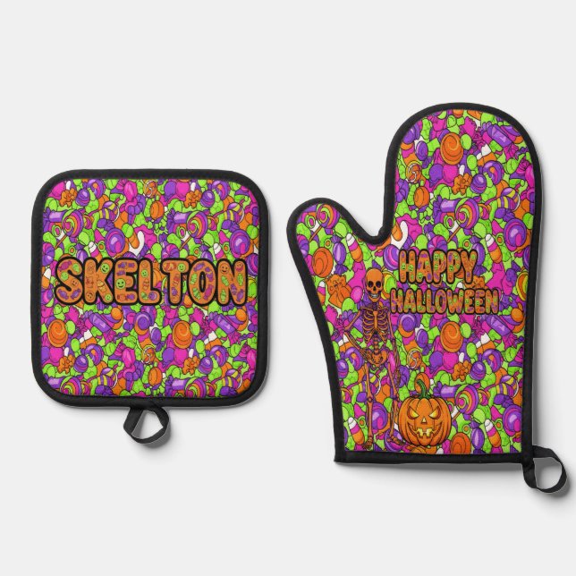 Spooky Skeleton Candy Party Pattern Halloween Oven Mitt & Pot Holder Set (Front)