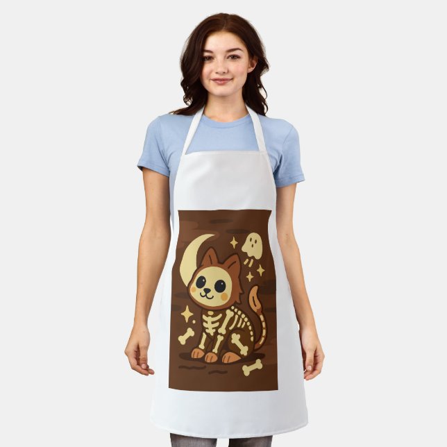 Spooky Skeleton Cat All-Over Print Apron, Medium Apron (Worn)