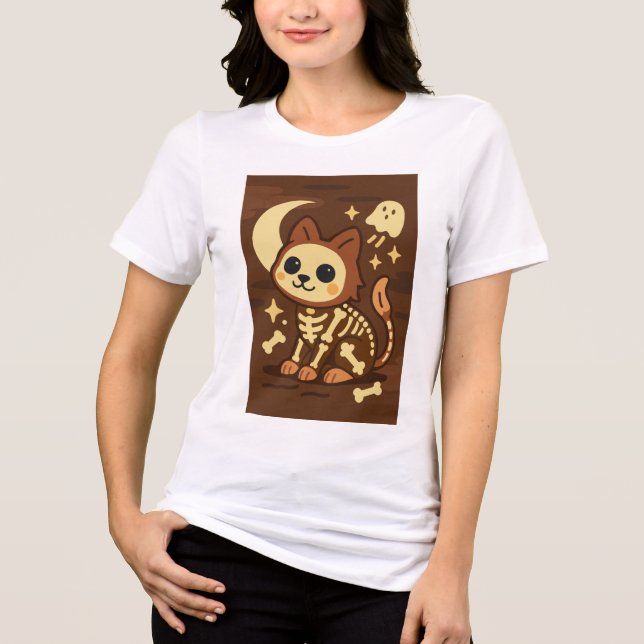 Spooky Skeleton Cat and Ghost T-Shirt Tri-Blend Shirt (Front)