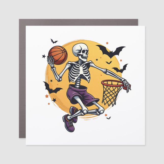 Spooky Skeleton Dunking Basketball Graveyard Hallo Car Magnet (Front)