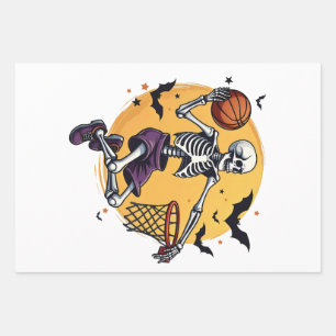 Spooky Skeleton Dunking Basketball Graveyard Hallo Wrapping Paper Sheets