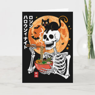 Spooky Skeleton Eating Ramen Bowl With Cat Hallowe Card