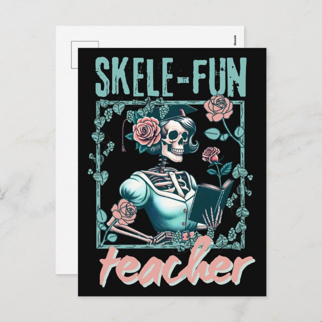 Spooky Skeleton Elementary School Teacher  Holiday Postcard (Front/Back)