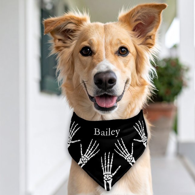 Spooky Skeleton Hands And Name Halloween Black Pet Bandana Collar (Creator Uploaded)