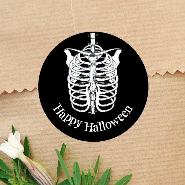Spooky Skeleton Happy Halloween  Classic Round Sticker (Black and white halloween skeleton sticker)