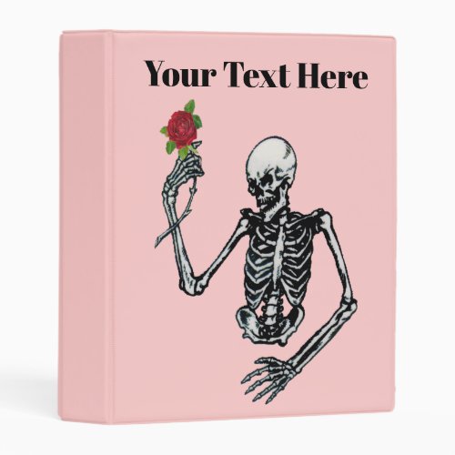 Spooky Skeleton Holding Red Rose on Stem Pink Mini Binder