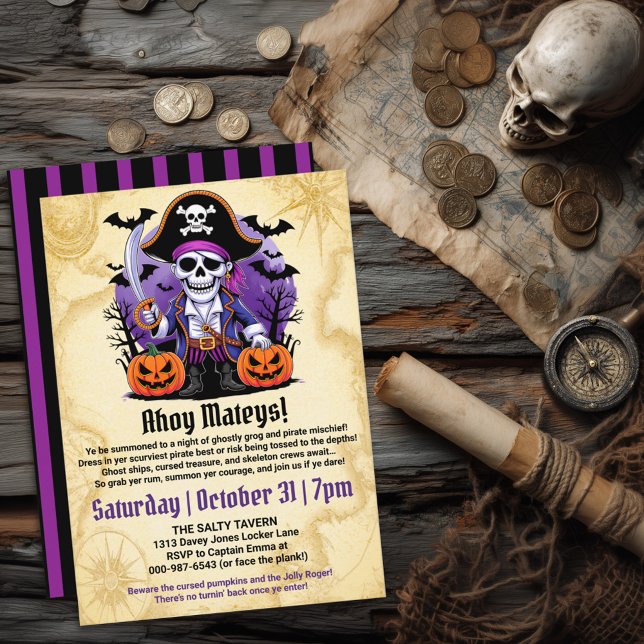 Spooky Skeleton Pirate Halloween Party Invitation (Creator Uploaded)