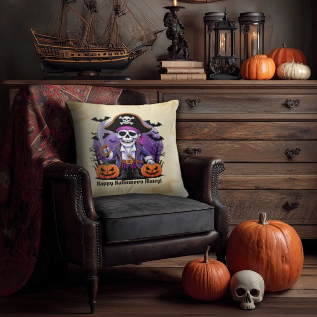 Spooky Skeleton Pirate Happy Halloween Matey Throw Pillow (Creator Uploaded)