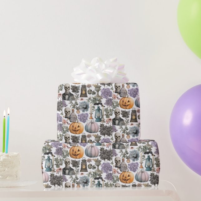 Spooky Skeleton & Pumpkin Halloween Wrapping Paper (Party Gifts)