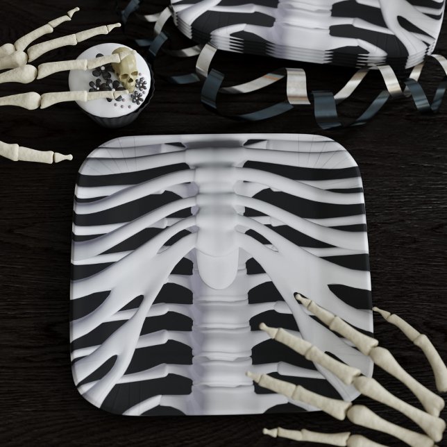 Spooky Skeleton Rib Cage Black and White Halloween Paper Plates (A spooky square skeleton paper plate for your halloween party)