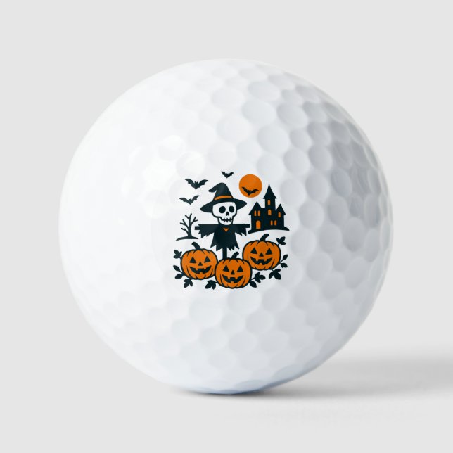 Spooky skeleton scarecrow and haunted house night golf balls (Front)
